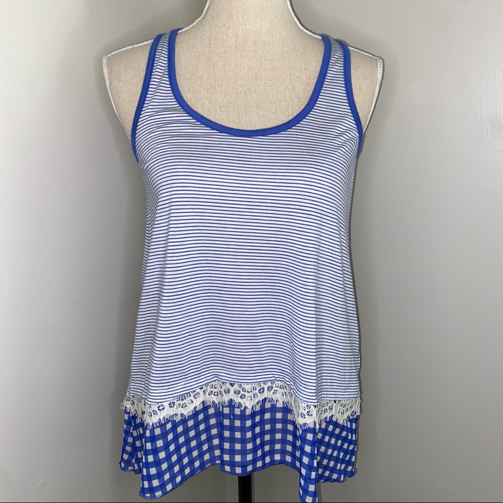 Maison Jules sleeveless tank top  blue stripes with gingham ruffle size Small